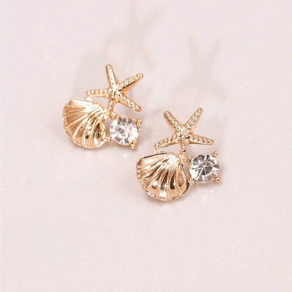 Shell and Rhinestone Stud Earrings - Picture 1 of 3